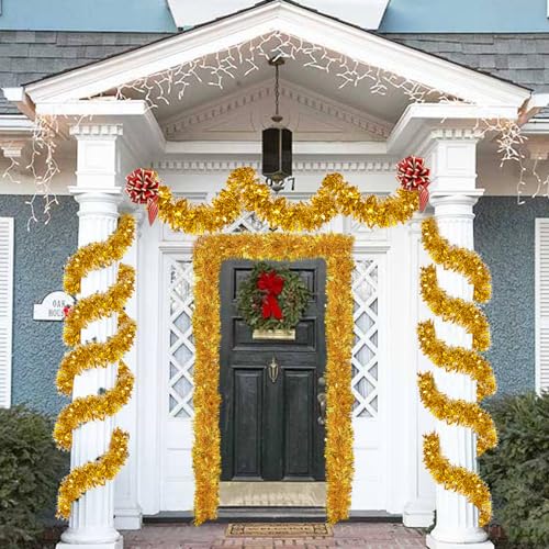 26.2 Ft Tinsel Garland Decoration for Holiday Tree Walll Home Office Event, Christmas, Birthday, Weddings, Party Decorations, Fluffy Twist for All-Season Indoor Outdoor Events - Gold
