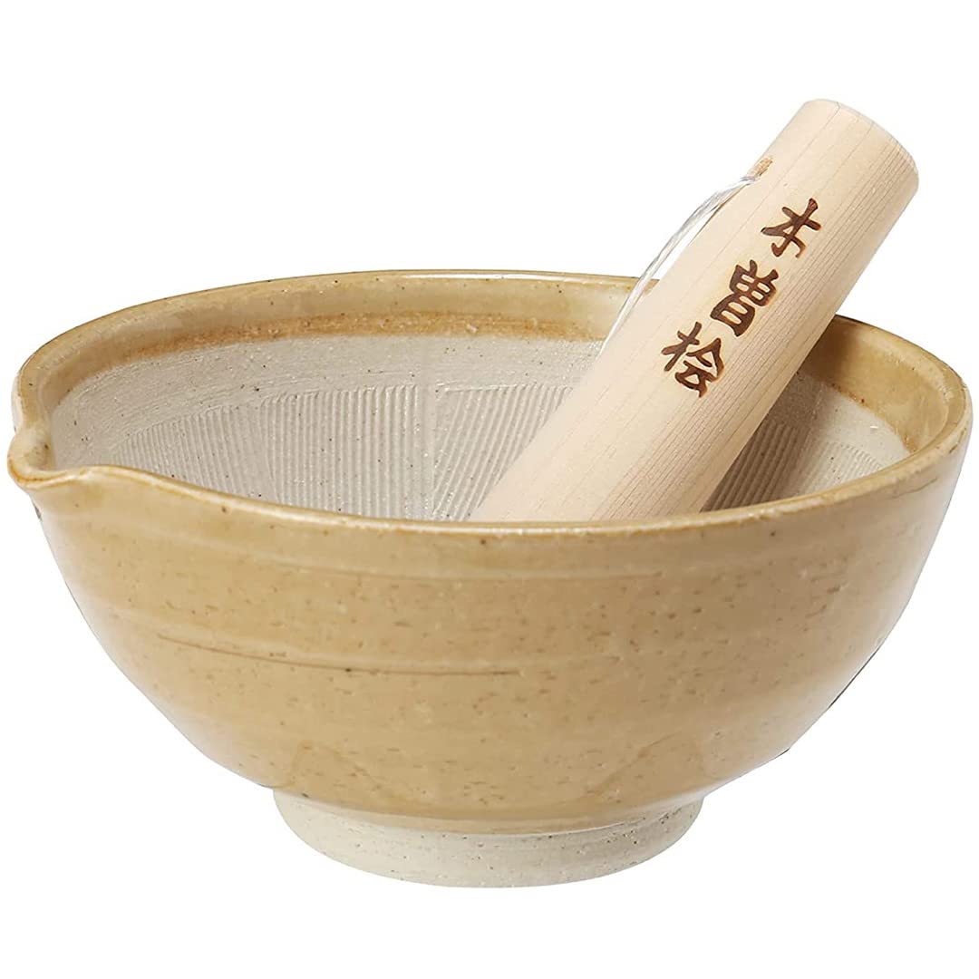 TIKUSAN Ceramic Ripple Ridge Mortar & Pestle (Suribachi & Surikogi) Set with Spout Made in Japan Mino Ware (Medium Black)