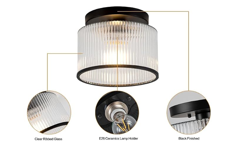 Zlepmlla Ceiling Light Fixture - Black2 Ribbed Glass Modern Flush Mount for Hallway Bedroom Bathroom Kitchen
