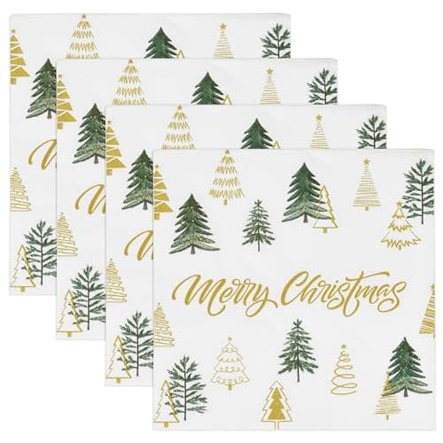 Gift Boutique - 100 Merry Christmas Tree Cocktail Beverage Napkins Disposable Paper Decorative Elegant Xmas Green & Gold Trees Dessert, Napkin for Winter Holiday, Party Supplies Tableware Decoration