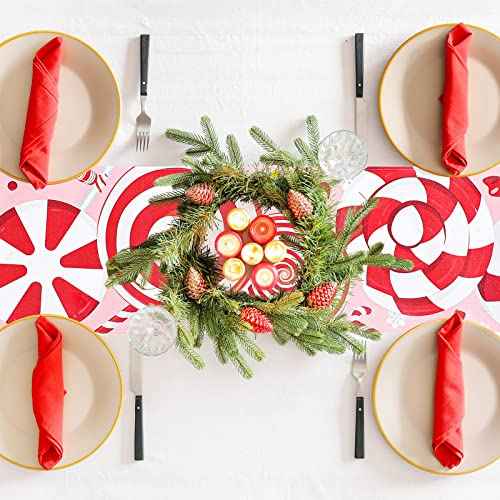 Christmas Candy Cane Table Runner Red White Sugar Table Runner Xmas Winter Snowflake Rectangular Tablecloth Washable Sweets Runner for Home Kitchen Dining Party Holiday Decor Wedding, 11.8 x 70 Inch