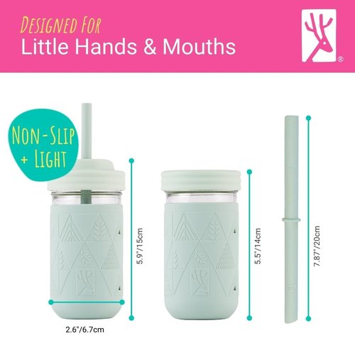 Elk and Friends Kids + Toddler Glass Cups | The Original 12oz Glass Mason Jar with Sleeves + Lids | Silicone Straws + Stopper | Smoothie Cup | Food Storage | Spill Resistant | Dishwasher Safe | 4 Pack