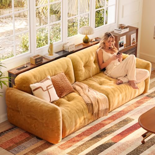 Huuger Extendable Behind Couch Table with Outlets, Rustic Brown 63.4-78.3"
