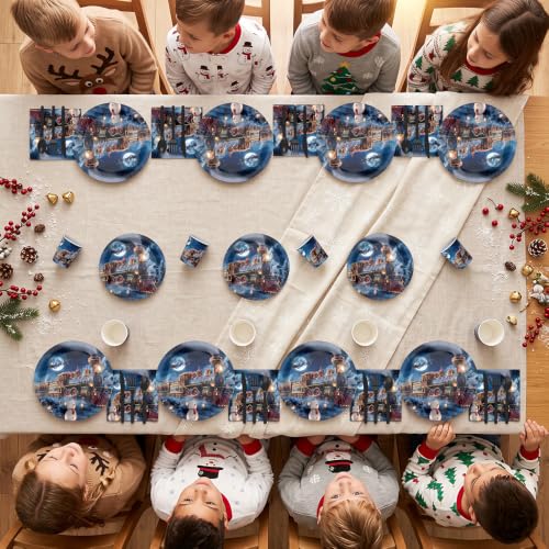 AIBIIN Navy Blue Train Christmas Paper Plates & Napkins Set for 24 Guests