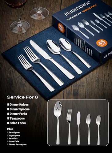 Brightown Silver Flatware Set for 8 - 45-Piece Stainless Steel Cutlery, Elegant & Durable