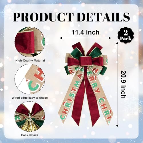 Kutyndrix 2 Pack Merry Christmas Bow Set for Wreaths, Red Green Velvet, Large Holiday Decor