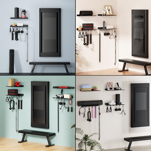 2-Tier Floating Wall Shelf for Gym Accessories with Hooks - Black