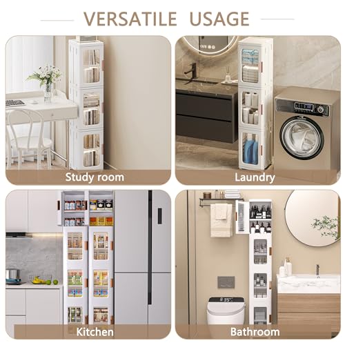White 4-Tier Narrow Storage Cabinet with Wheels - Adjustable Shelves, Space Saving