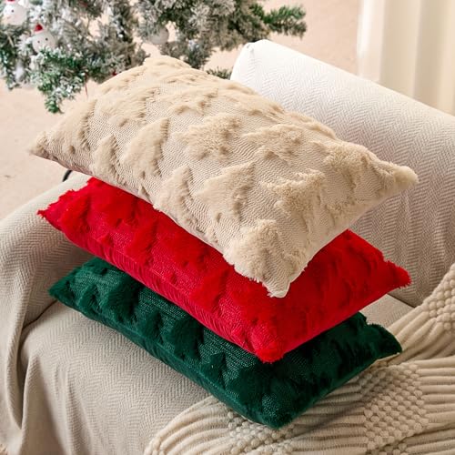 DFXSZ Christmas Tree Pillow Covers 12x20 inch Christmas Decoration Beige Soft Plush Faux Fur Jacquard Throw Pillows for Bedroom Sofa Holiday Festivals Winter Home Decor YZT101B12