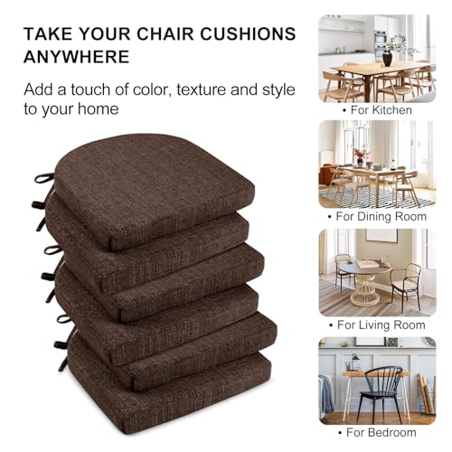 Dining Chair Cushions Set of 6 Brown 16x16x2 Inch Non-Slip Tied Comfort Pads