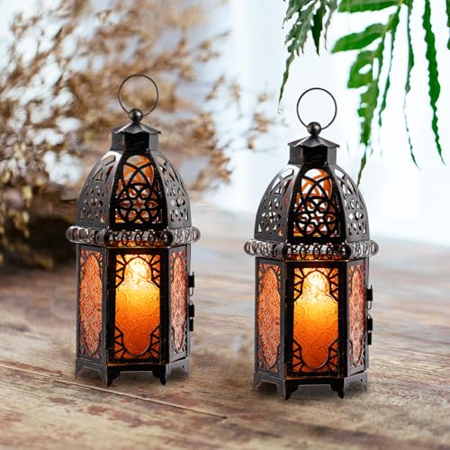 Set of 2 Amber Moroccan Lanterns 12.8'' Hanging & Tabletop Candle Holders, Vintage Copper Finish