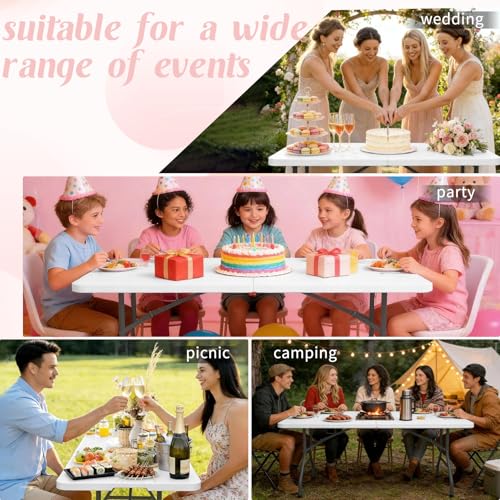 Fivenl 6ft Foldable Plastic Table 2 Pack White Portable Camping & Party Table