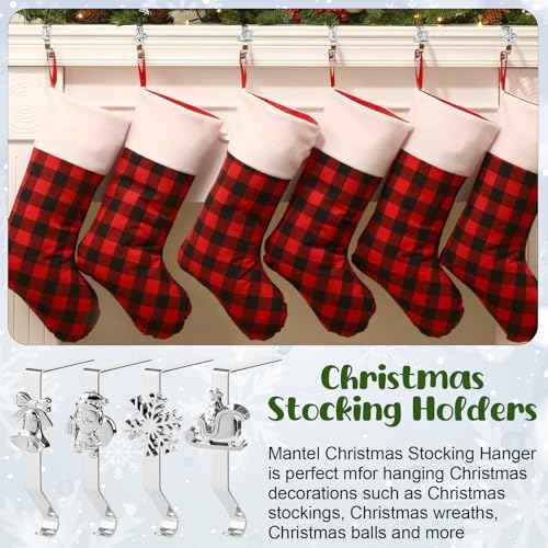 Christmas Stocking Holders, 4 Pack Xmas Stocking Holders Hangers for Mantel Fireplace Metal Stocking Hooks Stand for Christmas Party Decoration, Silver