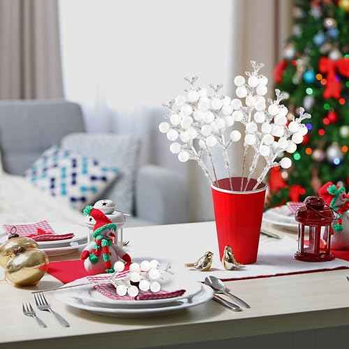 Sggvecsy 30Pcs Christmas Glitter Berries Stems Artificial Red Berry Branches Holly Picks Stems Christmas Tree Ornaments for DIY Xmas Wreath Crafts Gifts Holiday Home Decor (White)