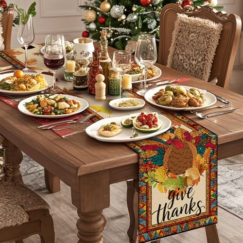 Turkey Thanksgiving Table Runner Seasonal Fall Kitchen Dining Linen Table Decoration for Indoor Outdoor Home Party Decor 13 x 72 Inch