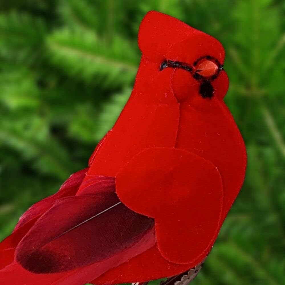 Red Cardinal Clip-On Christmas Tree Ornaments - Set of 12, 5" Long with Flocked Body & Feathered Wings