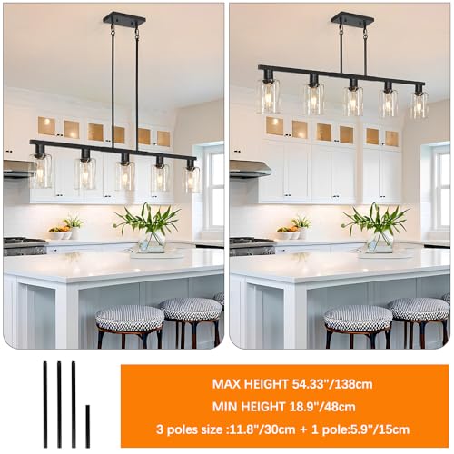 5-Light Farmhouse Pendant Light Fixture - Black + Clear Glass, 40in Adjustable
