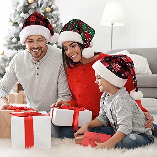 MCEAST 4 Pack Red Black Plaid Santa Hats - Christmas Party Favors, Winter Hats