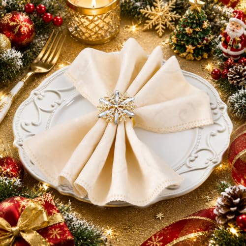 Remerry 36 Pcs Christmas Snowflake Napkin Rings Gold Rhinestone Holders - 4.3 cm