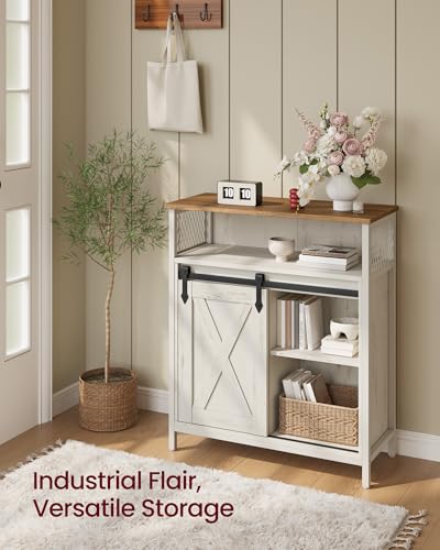 Rustic White and Honey Buffet Cabinet with Sliding Barn Door - No Power Outlet Light - 11.8D x 27.6W x 31.5H - VASAGLE