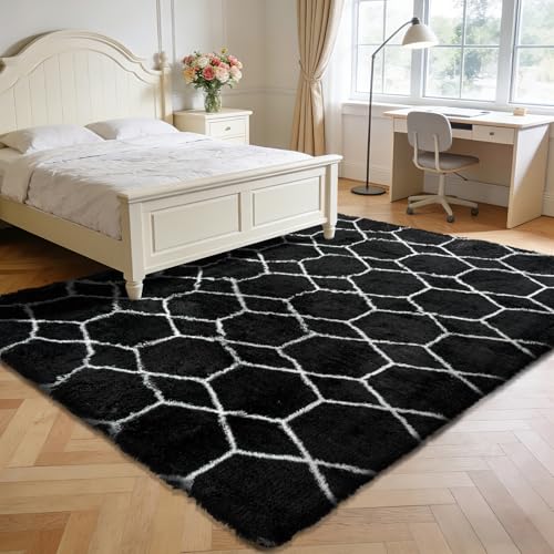 Black and White 5x8 Shag Area Rug for Bedroom & Living Room - Fluffy, Non-Slip