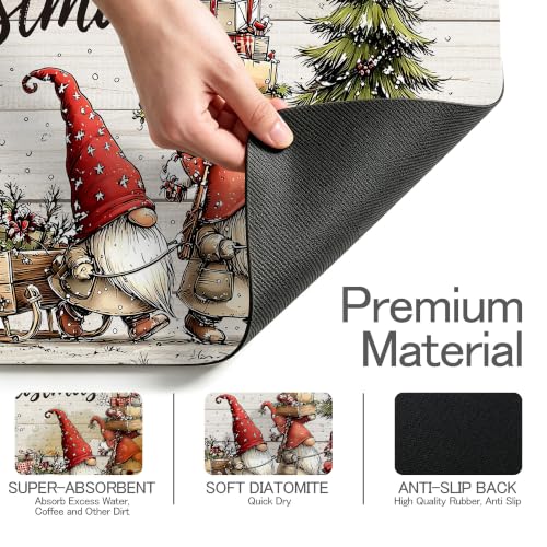 Absorbent Gnome Christmas Dish Drying Mat – Cuttable Countertop Drainer, 15.7x23.6 in, with Non-Slip Backing (Gnome Variant)