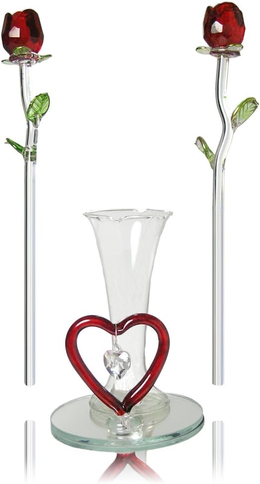 Crystal Red Roses Heart Vase Set - Forever Rose Collection for Valentine's, Mother's Day & Birthdays - 8" H