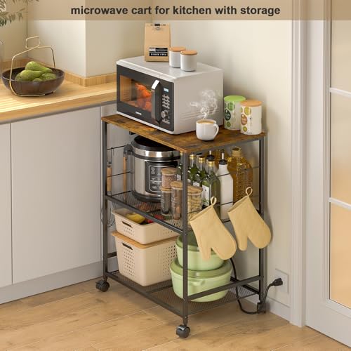 ThreeHio Brown Kitchen Microwave Cart with Power Outlet, 3-Tier Utility Storage