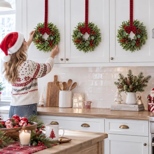 JUSTOTRY 2pc Mini Christmas Wreath with Red Berry Pine Eucalyptus - Kitchen Cabinet Window Decor