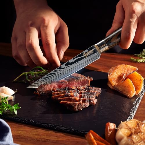 Senken Non-Serrated Damascus Pattern Steak Knife Set of 6 - Razor Sharp Stainless Steel & Wood Handles