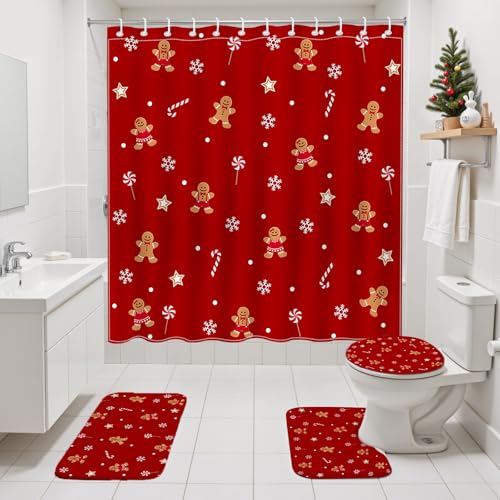 Mocsicka Red Christmas Shower Curtain Set 72x72 Inches with Rugs & Hooks
