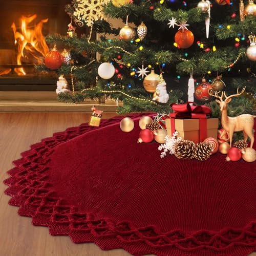 TOCHGREEN Red Knitted Christmas Tree Skirt 48 Inch Rustic Holiday Decor