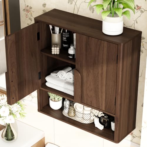Rustown Wall Mounted Bathroom Cabinet - Dark Walnut with Rounded Edges & Curved Handles