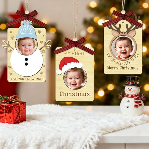 Xmas Baby First Christmas Wooden Photo Frame Ornaments Snowman Santa Reindeer - 3PCS