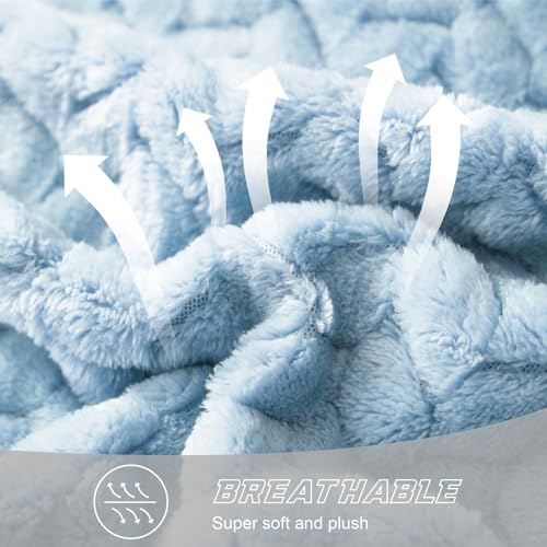 Exclusivo Mezcla Light Blue Fleece Queen Size Blanket for Bed, 90x90 Inches Soft Cozy Jacquard Flannel Blankets, Lightweight Fuzzy Plush Warm for All Seasons