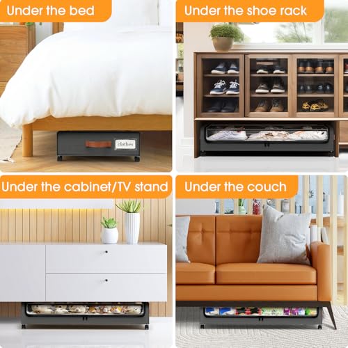 Dark Grey Under Bed Storage Containers 3-Pack with Wheels & Clear Windows