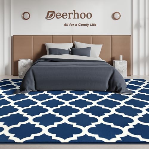 Large Geometric Modern Area Rug for Living Room Bedroom, 5x8 ft Plush Moroccan Bedroom Rugs Kids Rugs for Playroom Soft Throw Carpets for Office Dining Room Decor, Navy Blue & White