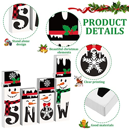 Qunclay 4 Pieces Winter Decor Wooden Snowman Tabletop Decorations Christmas Wooden Snowman Blocks Signs for Home Fireplace Mantle