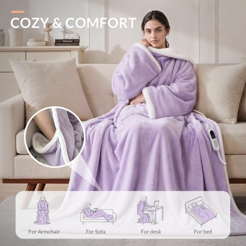 Wearable Heated Blanket with Foot Pocket & Sleeves - Purple 52 x 72 inches
