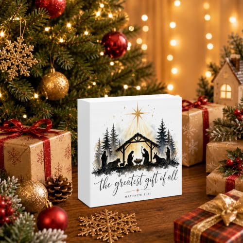 Christian Nativity Wooden Box Sign - Jesus Holiday Decor, 5x5 in