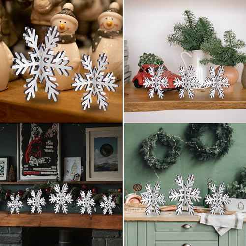 16 Pcs 3D Snowflake Christmas Table Decorations, Wooden White Winter Snowflake Christmas Decor Tabletop Centerpiece Signs for Xmas Festival Home Party Decoration (3 Sizes)