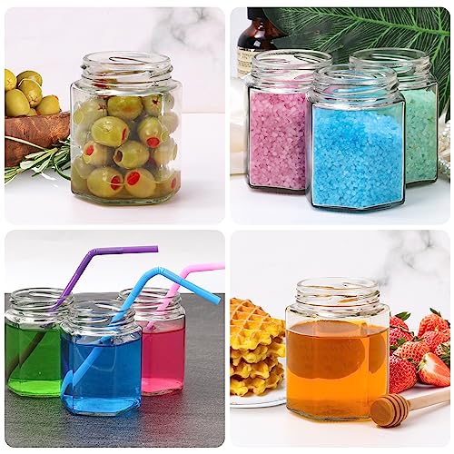 6 oz Honey Jars with Gold Lids & Wooden Dippers - 30 Pack, Hexagon Glass