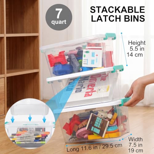 7 Qt Clear Stackable Storage Bins with Lids - Teal, 6-Pack for Organizing Crafts, Toys, Office Supplies