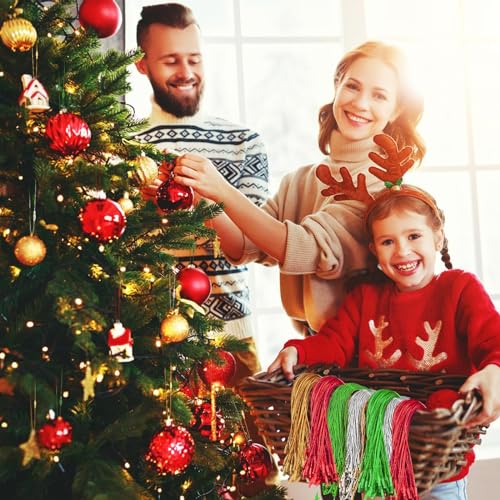 JUNEBRUSHS 600Pcs Christmas Ornament Hooks, Ornament Hangers with Snap Ornament String for Christmas Tree Holiday Party Hanging Decorations Ropes Easy and Fast Locking (Gold Silver Red Green)