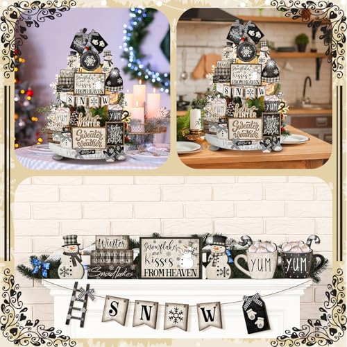23 Pcs Christmas Tiered Tray Decor Snowman Farmhouse Decor Christmas Sign Winter Table Centerpieces Winter Wood Blocks Signs for Home Shelf, Without Tray (Black, White,Snow)