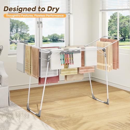 Heavy Duty Folding Clothes Drying Rack 68.5 Inch with Sock Clips - Large Laundry Organizer