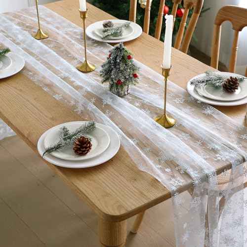 Breling Blue Snowflake Christmas Tulle Table Runner 118'' x 29.5'' Christmas Gauze Table Runner Seasonal Sheer Xmas Winter Holiday Decor for Birthday Festival Party Kitchen Wedding Bridal Shower