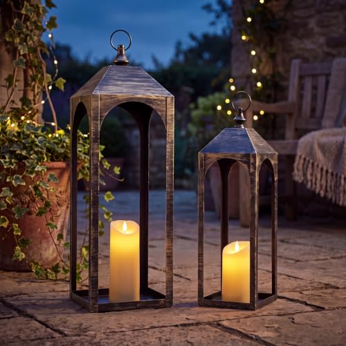 Large Decorative Lanterns Set of 2 Outdoor Indoor Bronze - Weather-Resistant Metal with LED Candles
