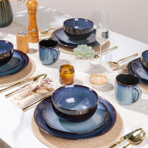 Ceramic Dinnerware Set for 6 - 18Pcs Porcelain Plates & Bowls, Dreamy Moonlight Blue