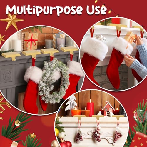 SUNEZLGO 6-Pack Gold Christmas Stocking Holders for Mantle - Weighted Metal Hooks with Pad